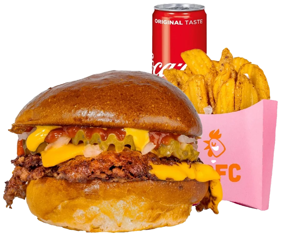 Double Cheese Beef Burger cu cartofi și Coca-Cola